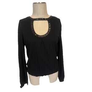 Michael Kors Black Sweater Top Size M Beaded Cutout Neckline Long Sleeve